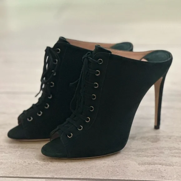 Miu Miu - Green Suede - Peep Toe Lace Up Mule heel - size 38.5 - EUC - Picture 6 of 10